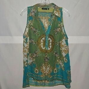 Blouse, Apt 9, Sleeveless, Sheer, Halter with collar, Blue, Green, Buttons, Lg,